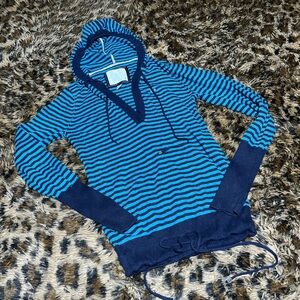 American Eagle Outfitters Blue and Black Striped Hoodie Sweater
